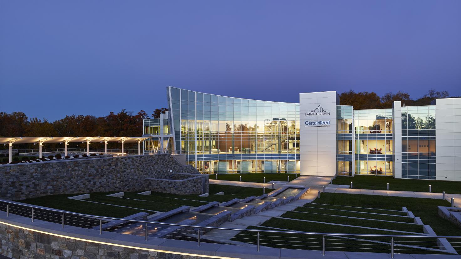 Corporate office building with Saint-Gobain and CertainTeed logos in the center