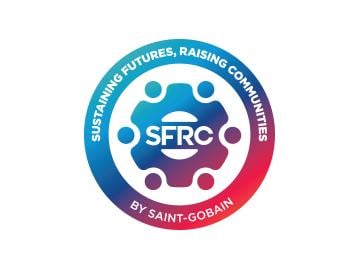 The logo is a gear in the center of a circle with the words "Sustaining Futures, Raising Communities by Saint-Gobain" around the circle and "SFRC" in the center